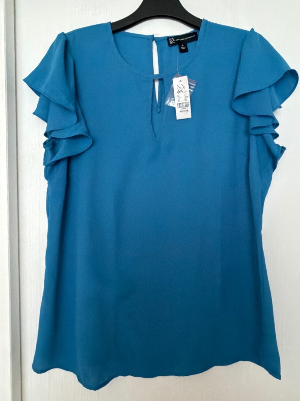 New York & Company Blue Ruffle Sleeve Blouse Size Medium NWT